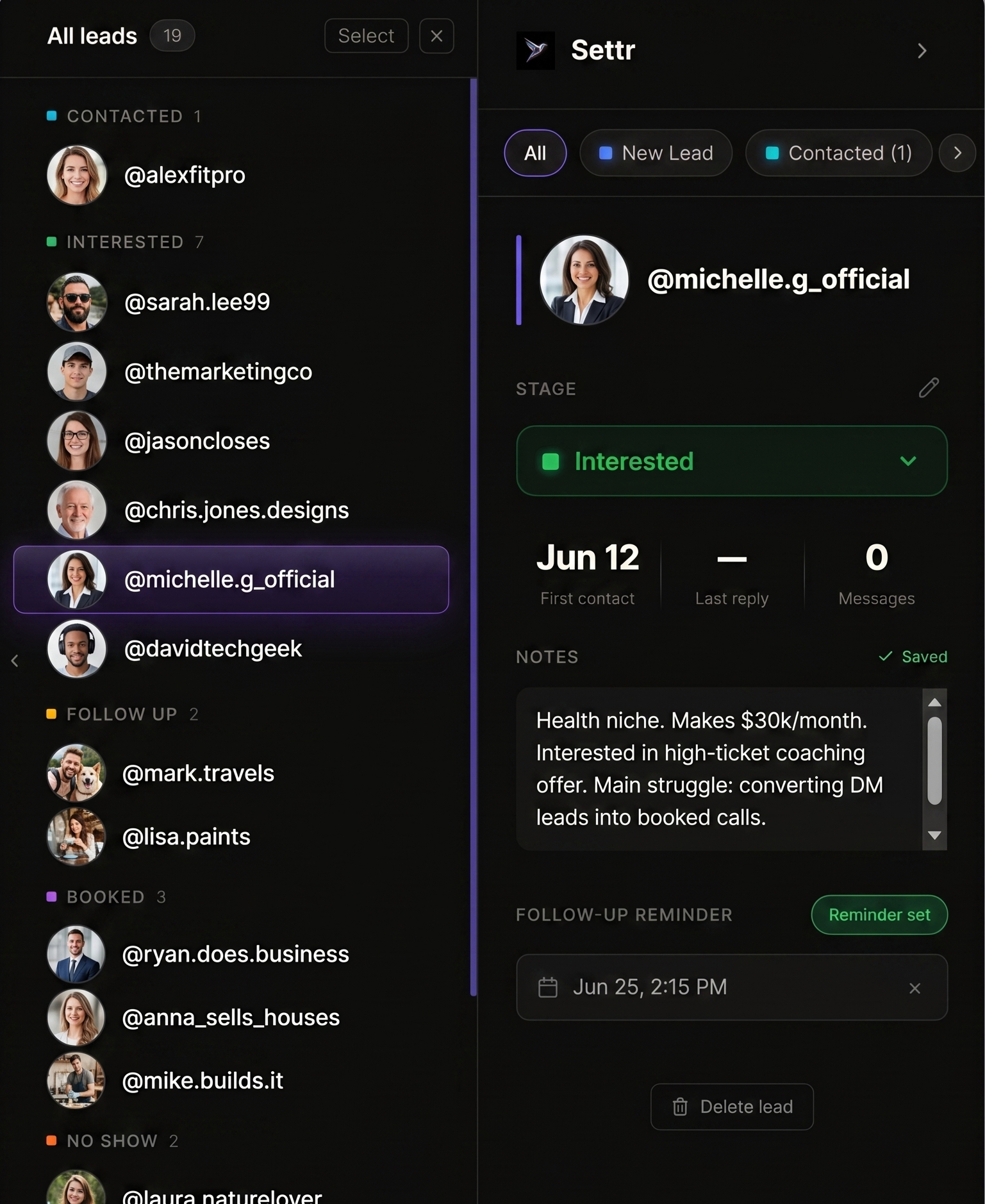 Settr's All Leads view inside the Instagram inbox, showing leads grouped by pipeline stage with a lead detail panel.