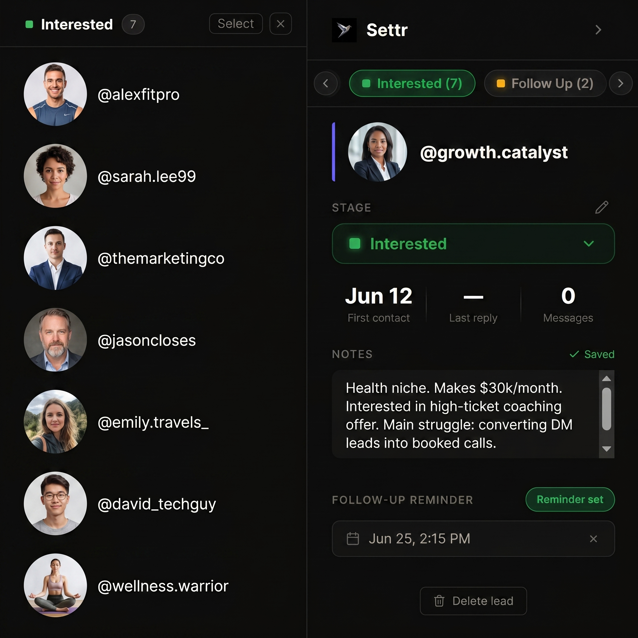 Settr filtered to the Interested stage, showing only leads at that point in the pipeline.